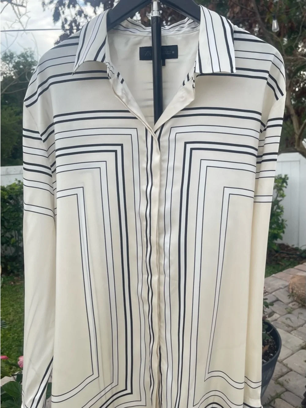 Zara Cream and Black Striped Geometric Button-Up Blouse